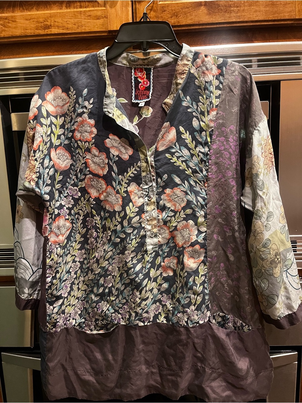 Johnny Was Floral Patchwork Blouse with Mauve Accents Silk
